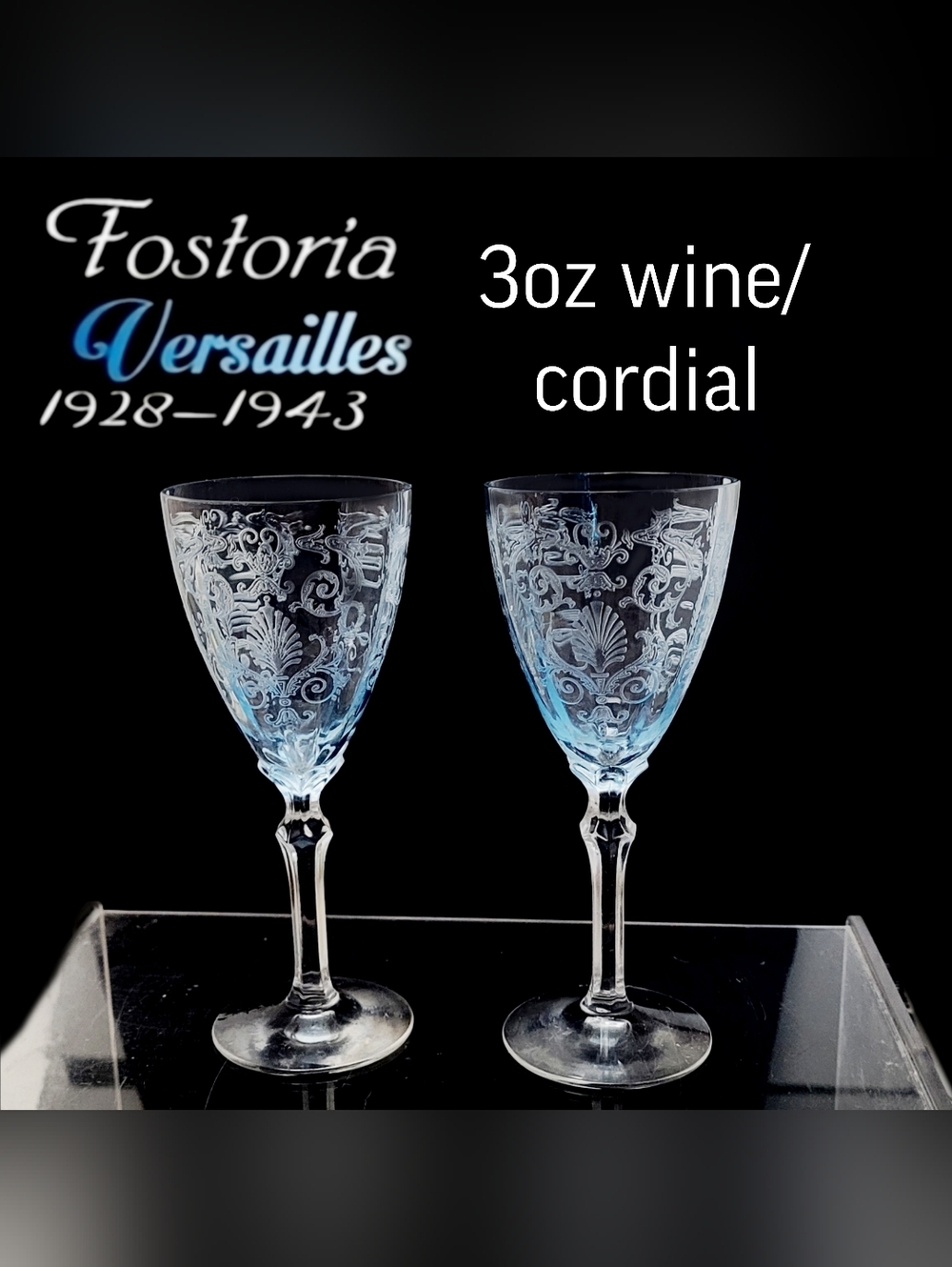 2 Vintage Fostoria Versailles Etched Crystal Wine Glasses -3oz Wine/ Sherry